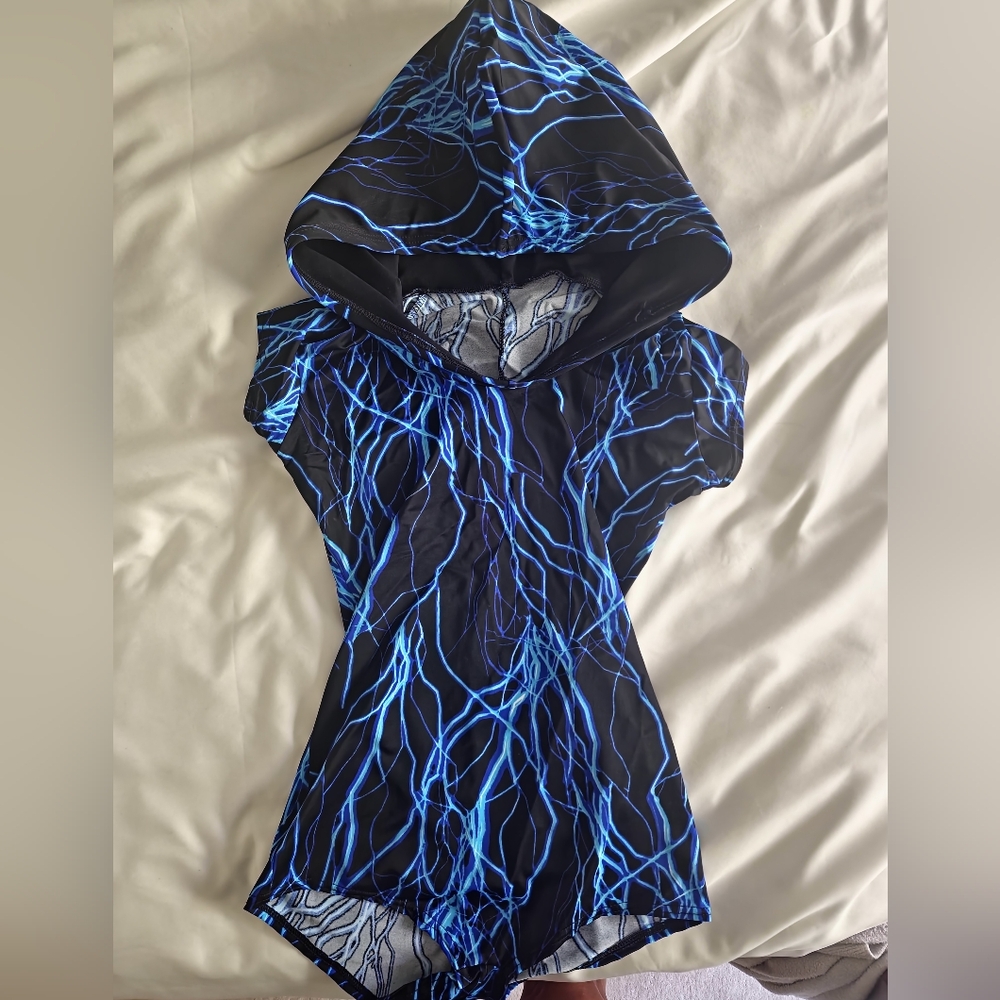 Neon UV Glow Blue Lightning Print bodysuit /Hoodie Romper with Hood M